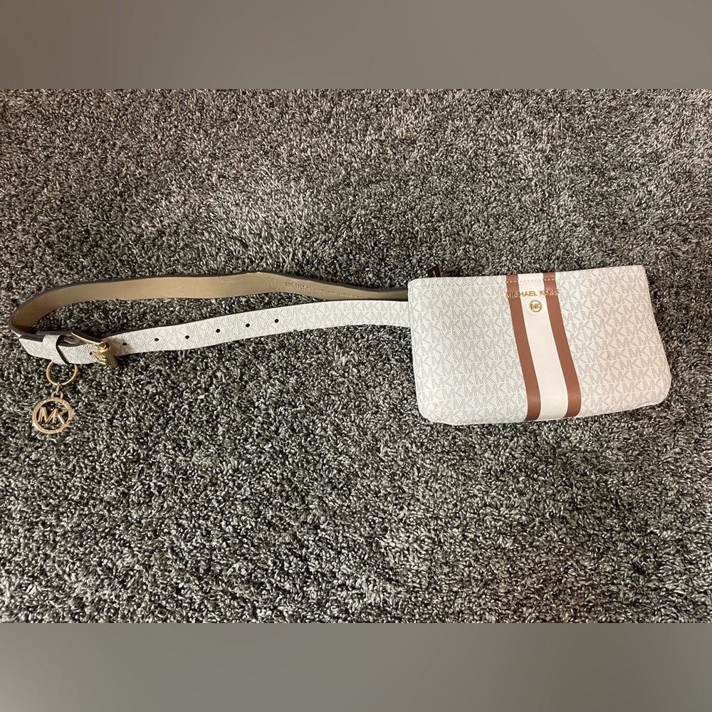 Michael Kors White and Brown Belt Bag with Minimalist Design